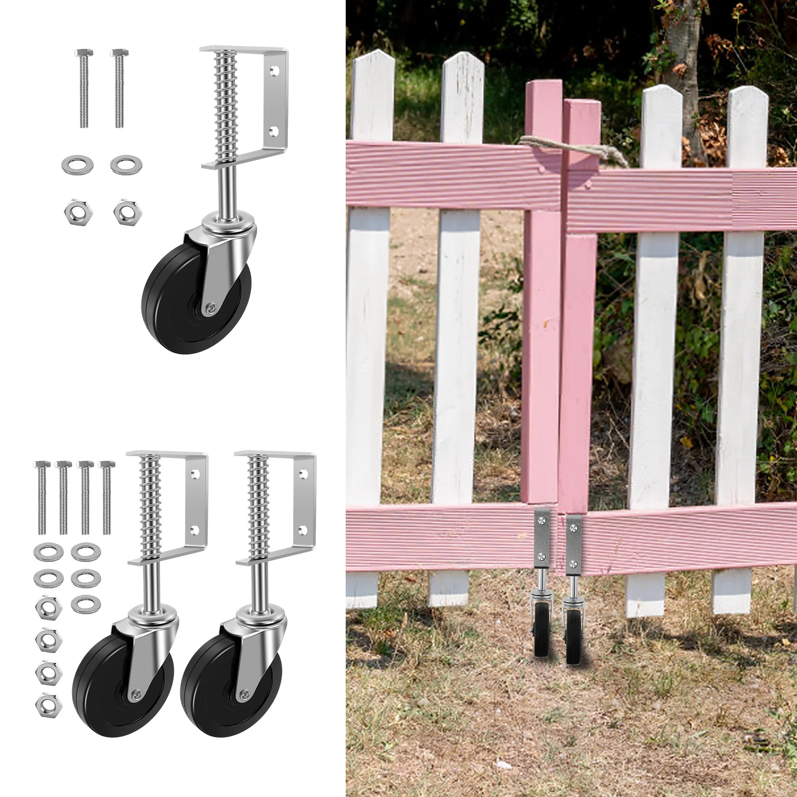 

1/2Pcs 4inch 360° Rotatable Gate Wheel 70kg Capacity Gate Wheel with Screws Adjustable Spring Gate Support Wheel for Wooden Gate