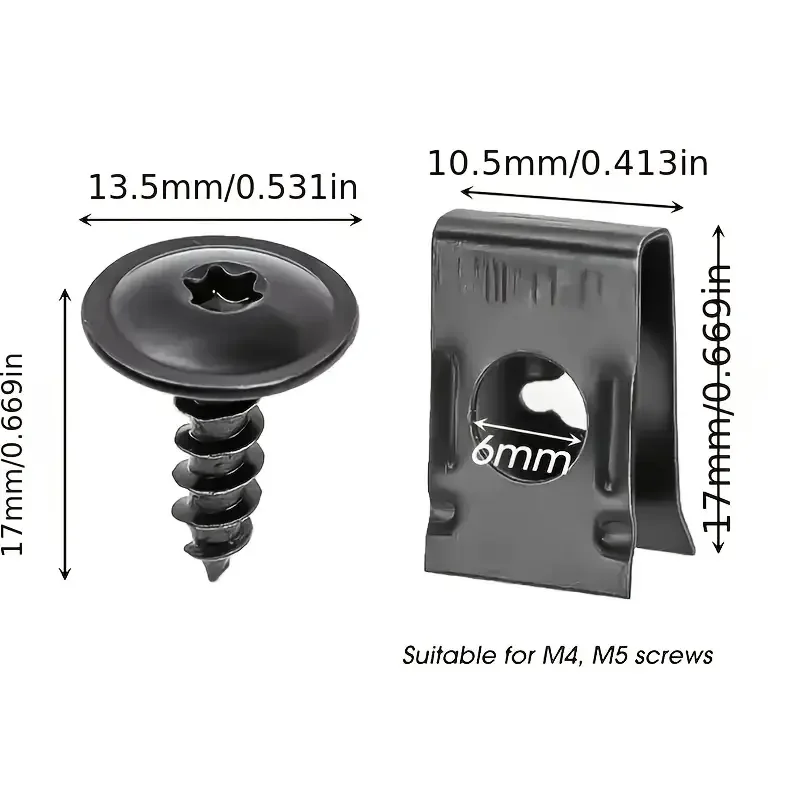 40個の車用セルフタッピングネジ、U字型金属スペーサーとネジ付きクリップ、車体バンパーシャーシファスナー