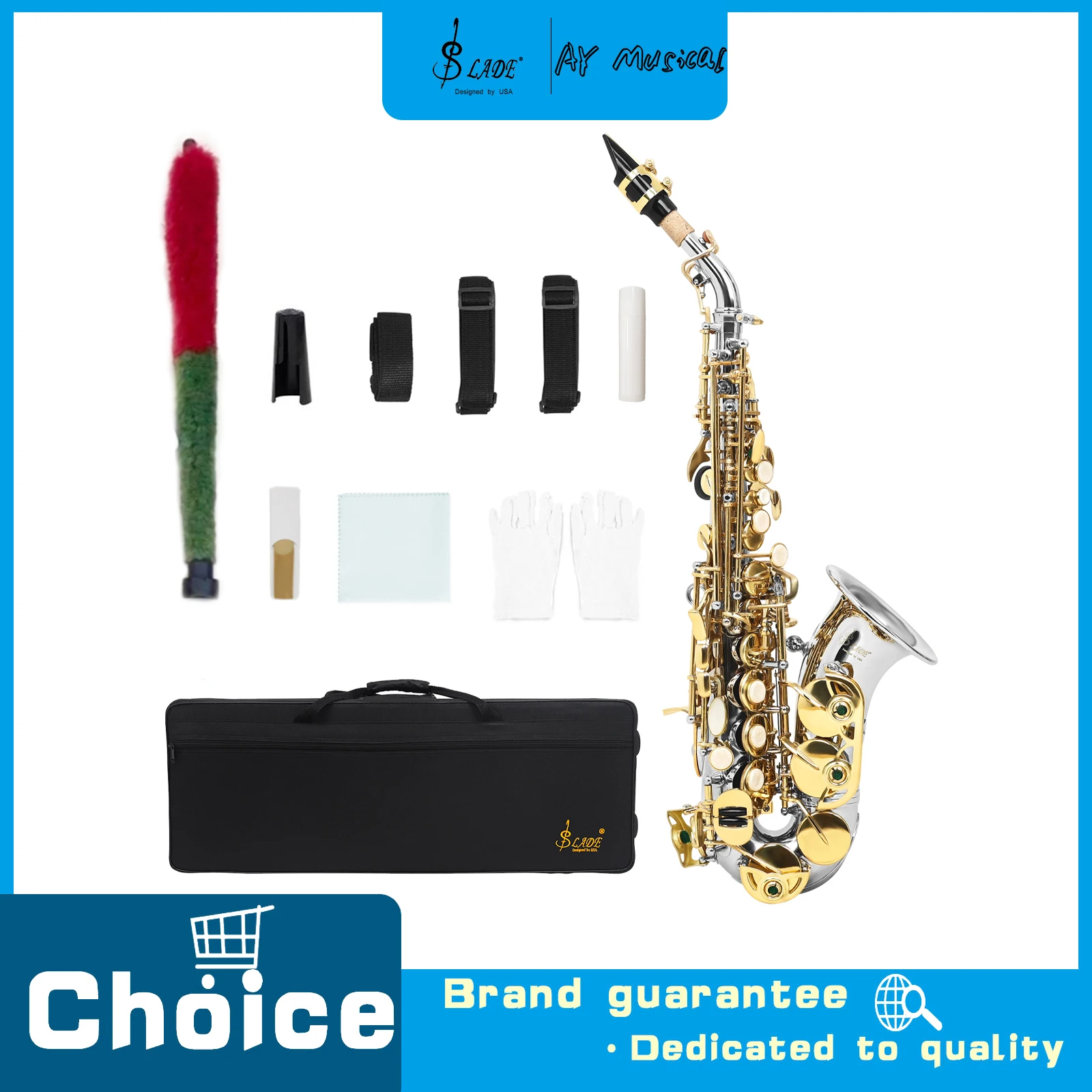 SLADE S80 Bb Soprano Saxophone Nickel Plated Keys Small Curved Saxophone Sax with Case Kit for Woodwind Instrument Performance