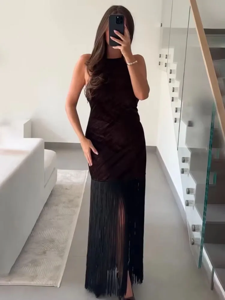 

HH женская летняя сексуальная бархатная юбка без рукавов с открытой спиной и кисточками, длинная юбка, женское элегантное платье для банкета и вечеринки