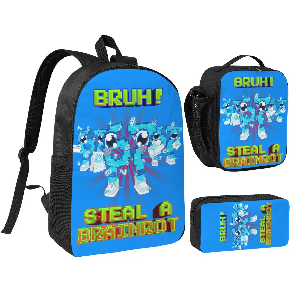 Bruh Los 67 Six Seven 6-7 Funny Brainrot 3pecs/set Backpack for Student College Shoulder Bag Lunch bag Pencil Case
