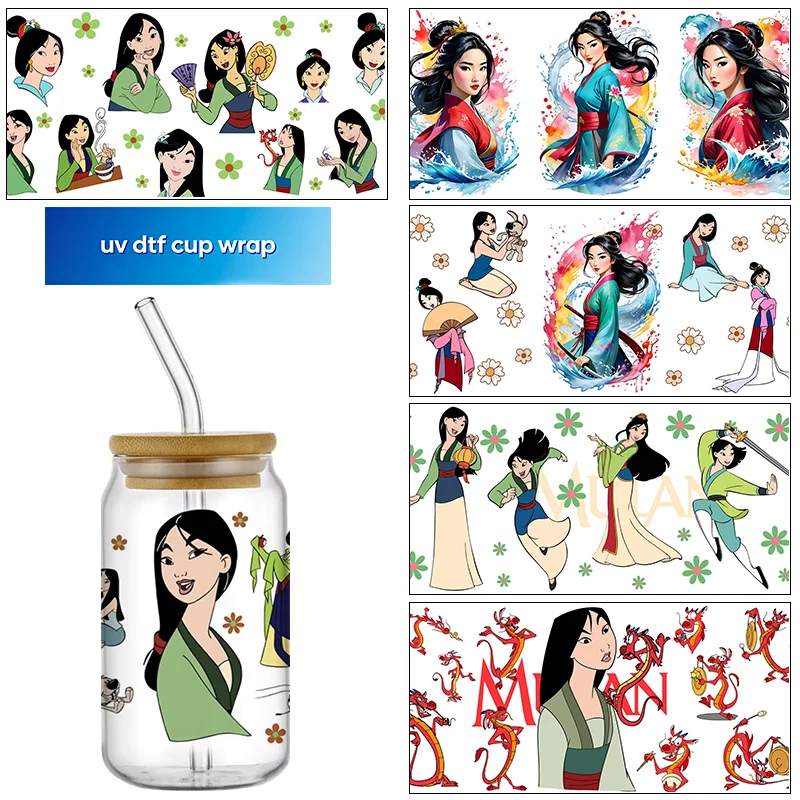 Pegatinas DTF de la Princesa Mulan de dibujos animados, pegatinas personalizadas geniales para vasos, etiquetas de transferencia UV, pegatinas autoadhesivas DIY, decoración impermeable para el hogar