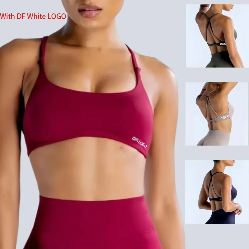 

Dynamic Women Twist Back Bra with Logo Women Seamless Yoga Top Bra Medium Support Padded Gym Crop Top Stretchy Fitness Sportwear