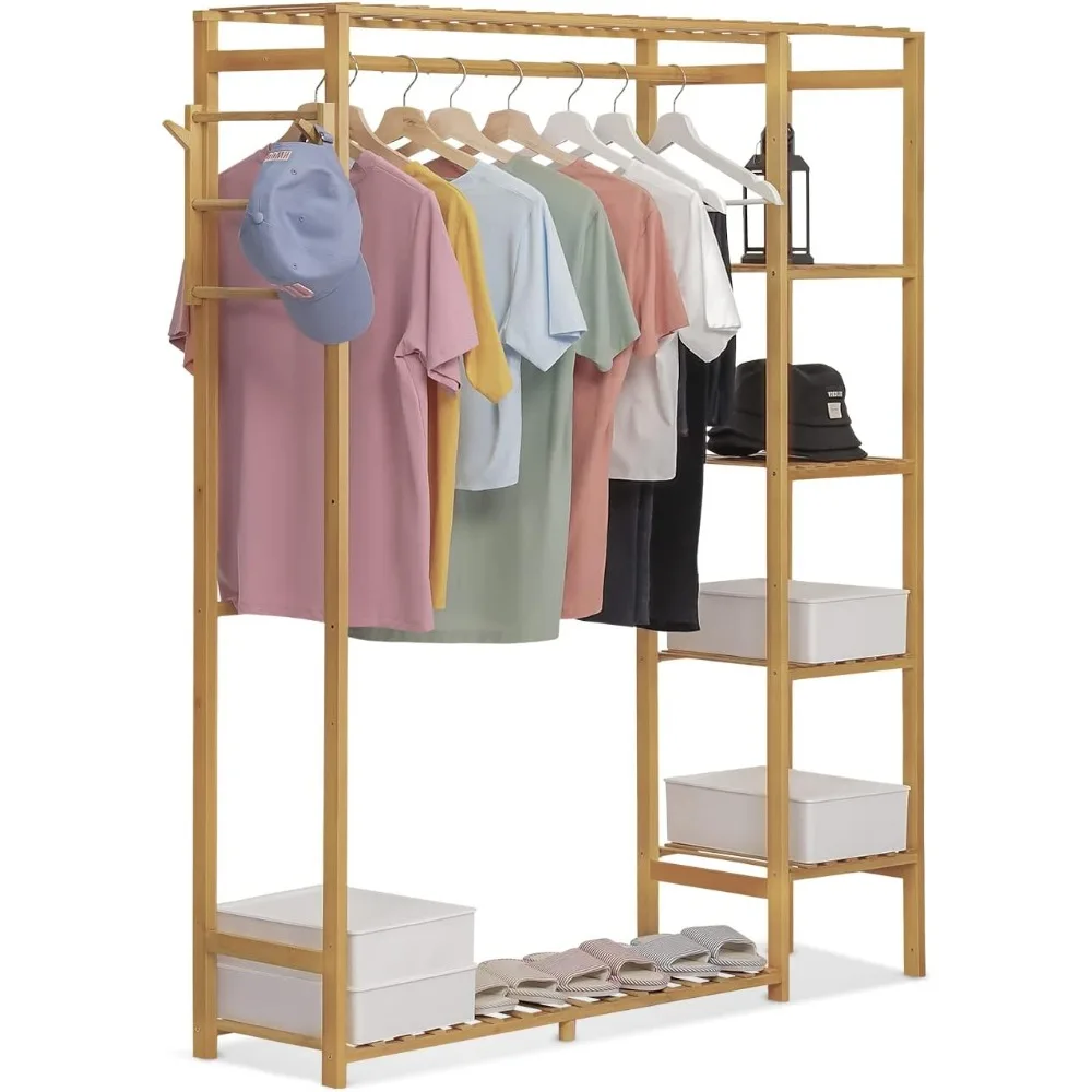 

Bamboo 6-Tier Garment Rack with Shelves Closet Coat Storage Organizer Clothes Hanging Rack with Pants Rack & Hooks for Bedroom,