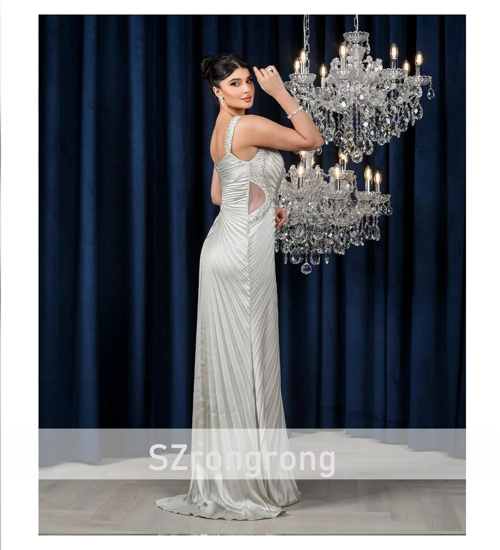 Robe de soirée plissée en Satin, bretelles Spaghetti personnalisées, longueur au sol, dos nu, robe de bal en cristal perlé avec cour