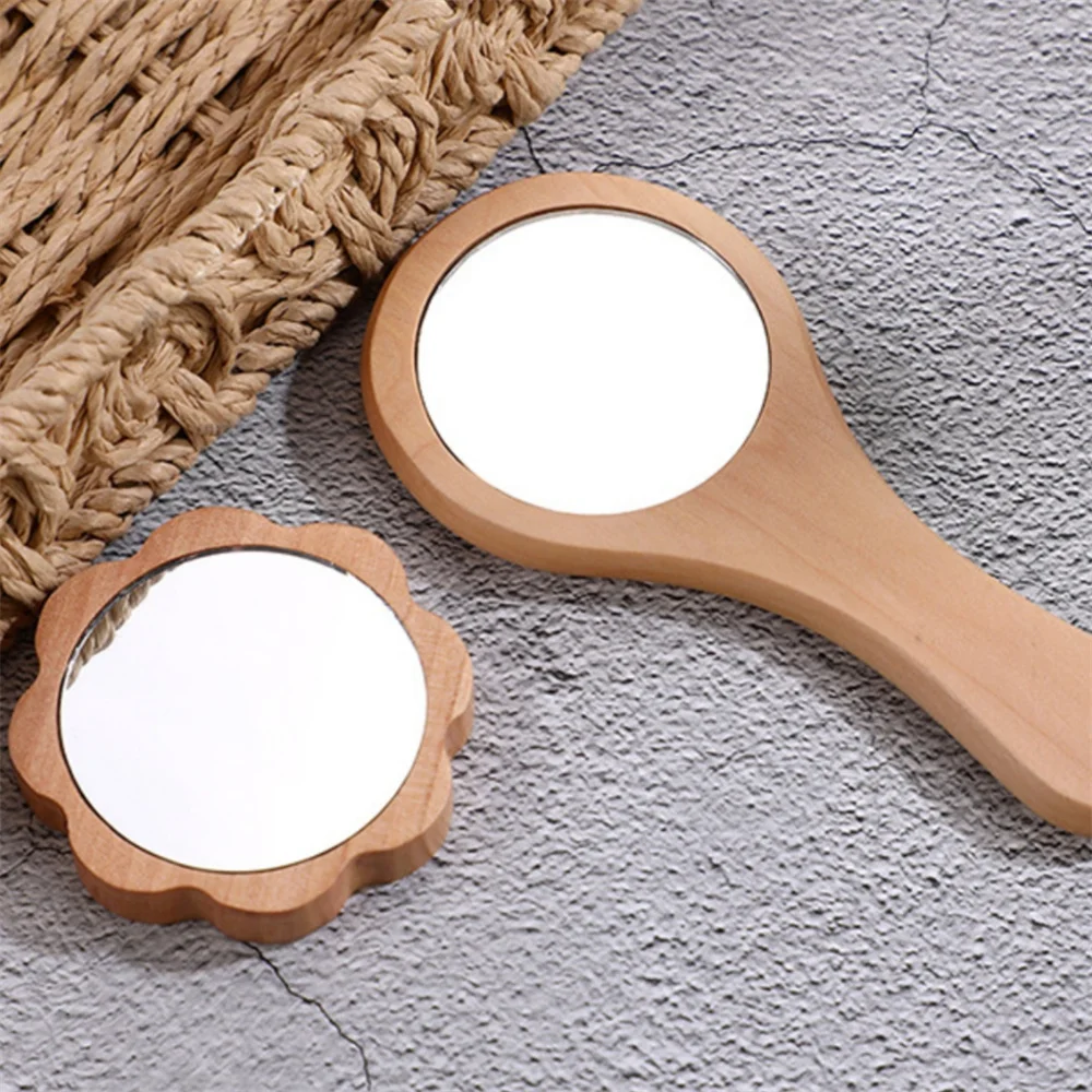 Espejo de mano de madera para mujer, accesorio redondo y portátil, compacto, ideal para maquillaje y viaje
