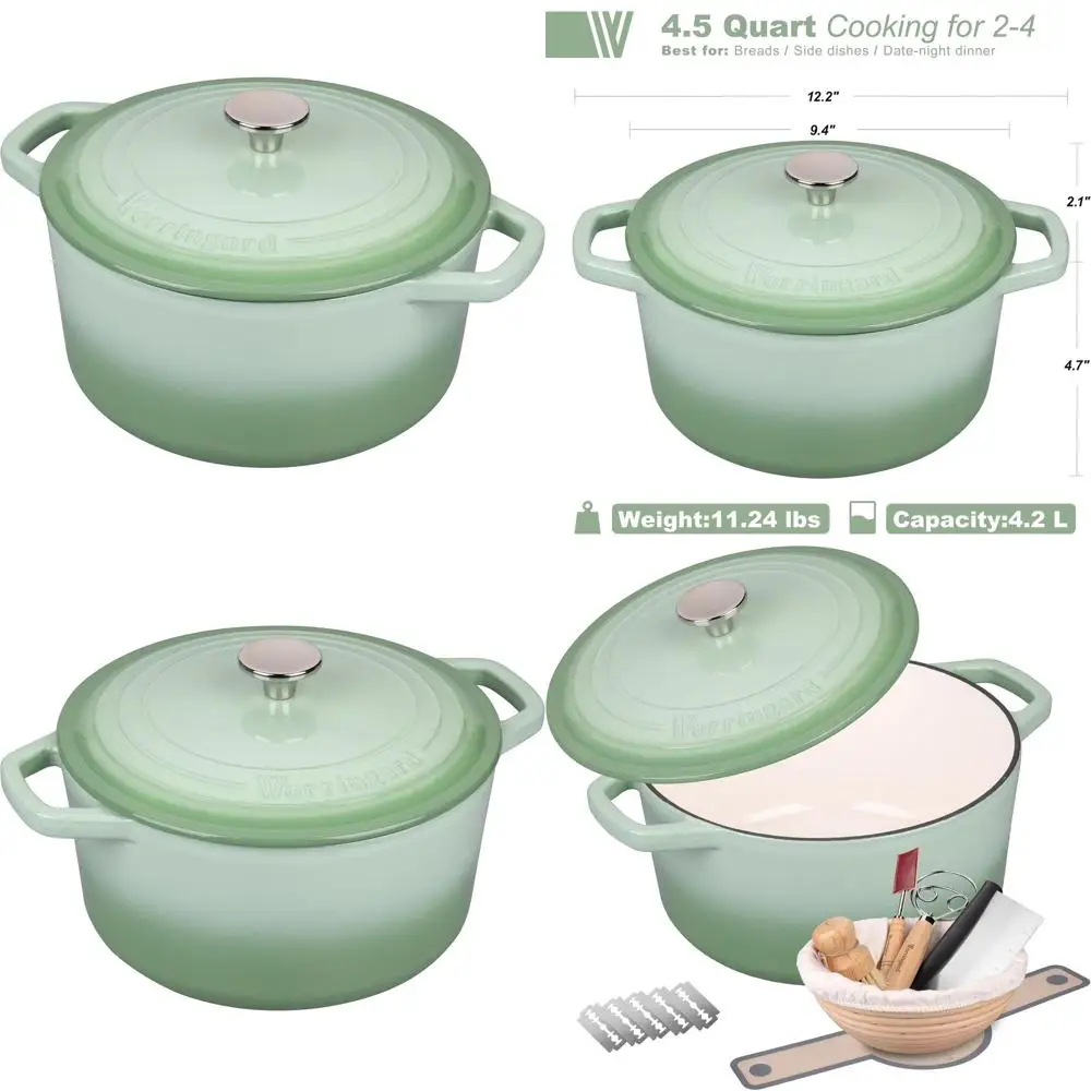 

Green 4.5QT Enamel Dutch Oven with Lid for Sourdough Bread Baking and Supplies