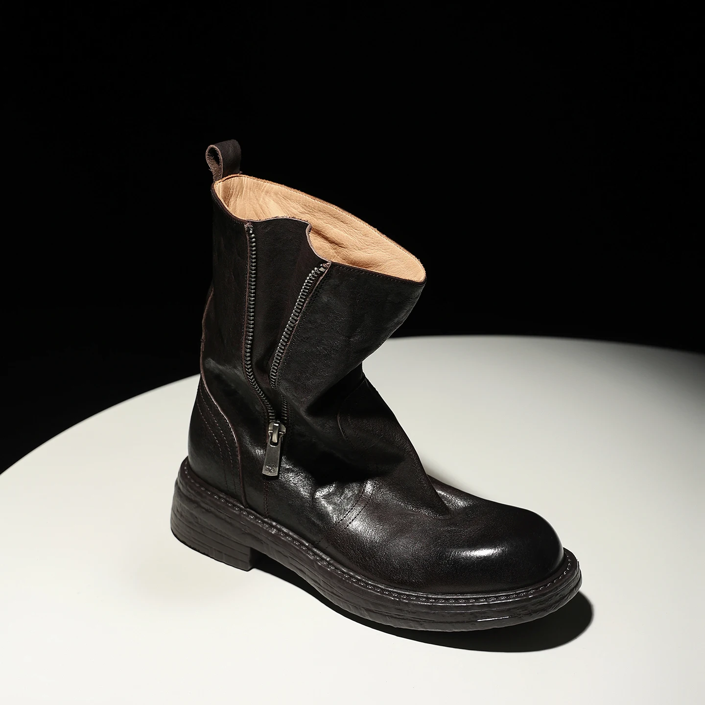 2027 New Ins Fashion Cowhide Women Boots Retro Mid-calf Boots Round toe Platform Zip Girl's Booties Female Thick Heels Footear