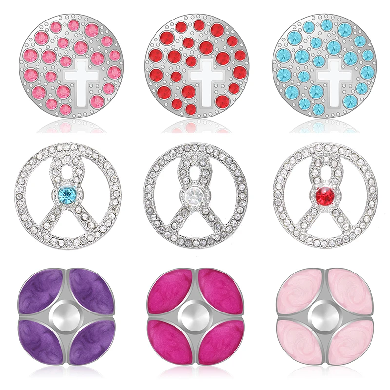 New Beauty Colorful Rhinestone Round Cross Pink Ribbon Sqaure stone 18MM snap buttons fit DIY snap bracelet jewelry wholesale