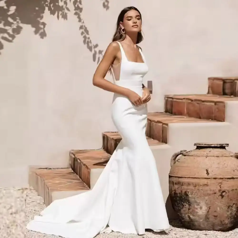 

Customized Backless Simple Mermaid Wedding Dress Sleeveless Satin Elegant Straps Square Neck Robe De Mariee Bride Gown 2025