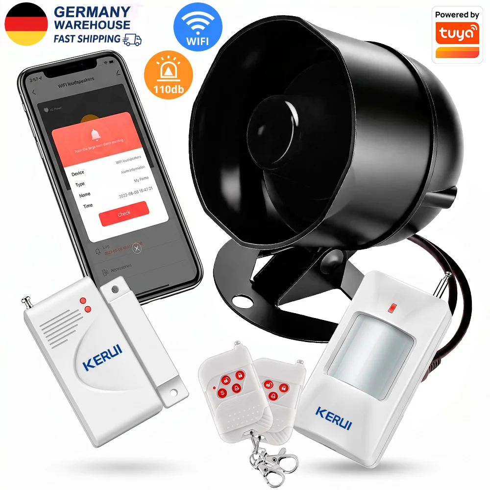 KERUI 120dB Sirenenalarm mit Tür- und Fenstersensor, WLAN-Lautsprecher-Alarmsystem, kompatibel mit Tuya Smart, Einbruchschutz für Zuhause