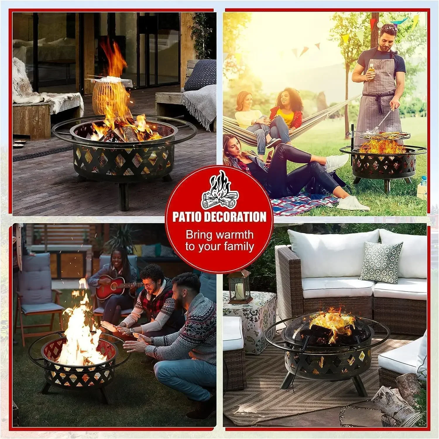 Fire Pit 30in with Grill Outdoor Wood Burning 2 in 1 Fire Pit with Fire Poker (Black)