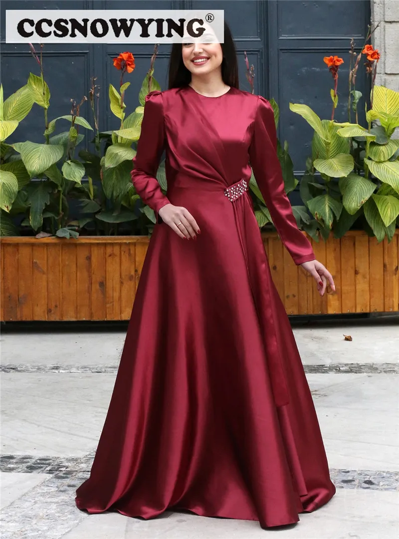 

Elastic Satin Beaded Long Sleeve Muslim Evening Dresses Islamic Formal Party Gowns Arabic Kaftan Women Robes De Soirée