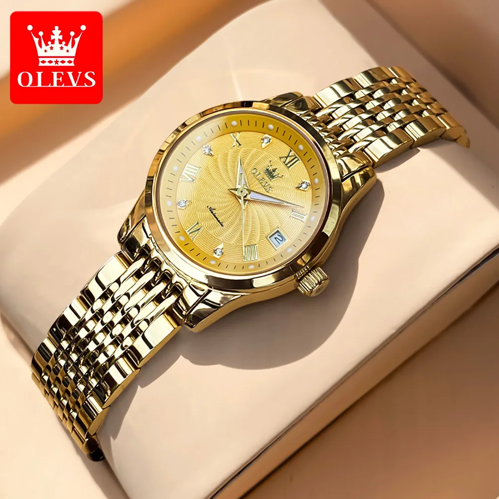 OLEVS 6630 Elegant Ladies Automatic Mechanical Watch Stainless Steel Day Date Luminous Women's Dress Wristwatch