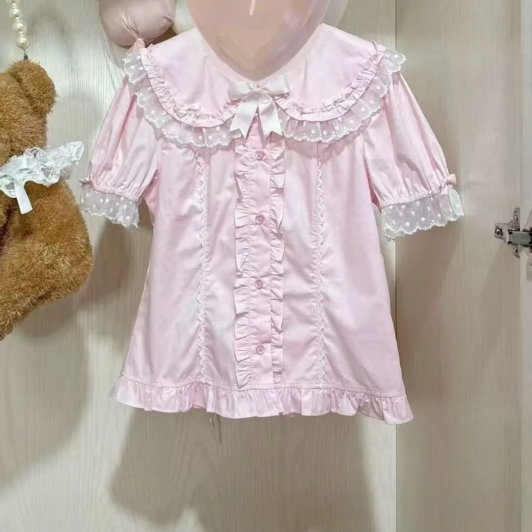 2025 Summer Design Top Blusas Sweet Lolita Cute Bow Lace Patchwork Cute Kawaii Y2k Shirt Single-breasted Short-sleeves Blouse