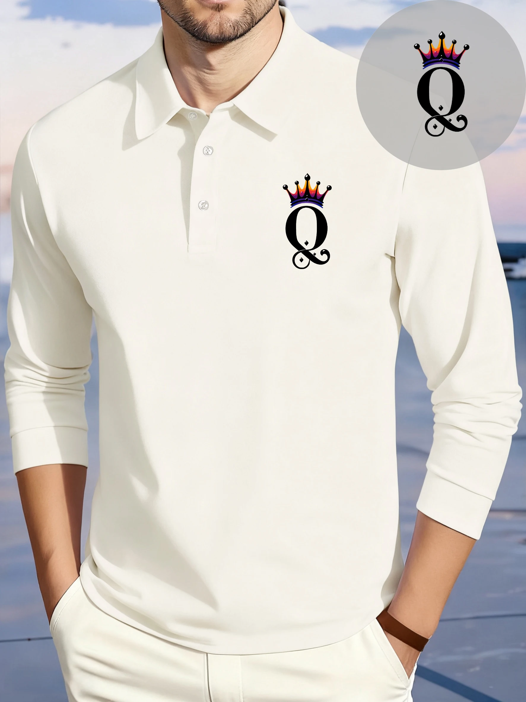 

Рубашка поло с простой узором Crown Letter Q, мужские спортивные деловые футболки, мужская осенняя повседневная одежда, флисовая мужская футболка с лацканами