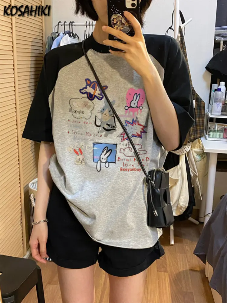 Grunge Sweet Loose Contrast Color Patchwork T-shirts Summer Casual Short Sleeve Vintage Funny Print All Match Y2k Aesthetic Tees