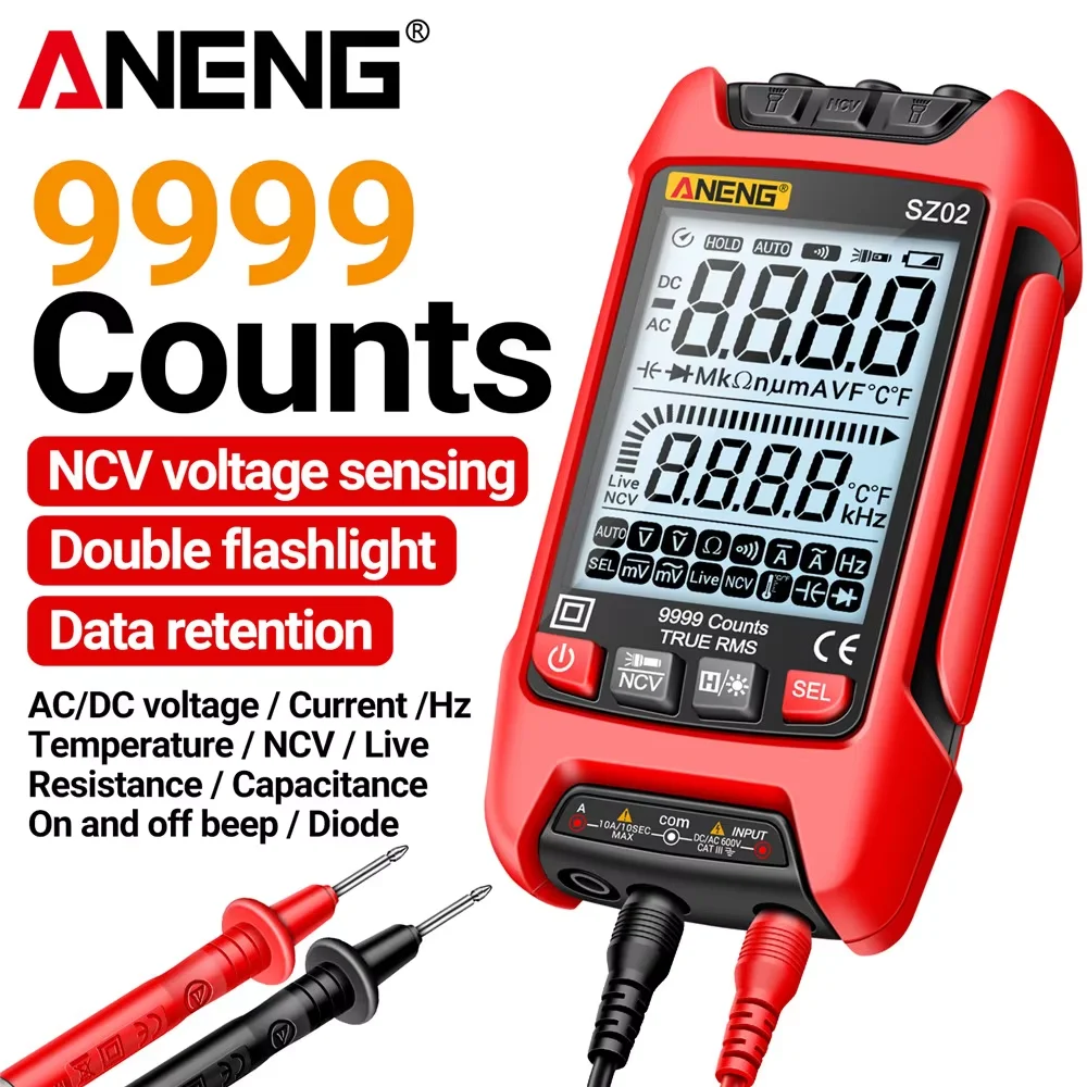 ANENG SZ02 Digitales Multimeter 9999 Anzeigen AC/DC Spannung Strom Temperatur Kapazität NCV Null-Leiter-Tester HD-Hintergrundbeleuchtung Dual
