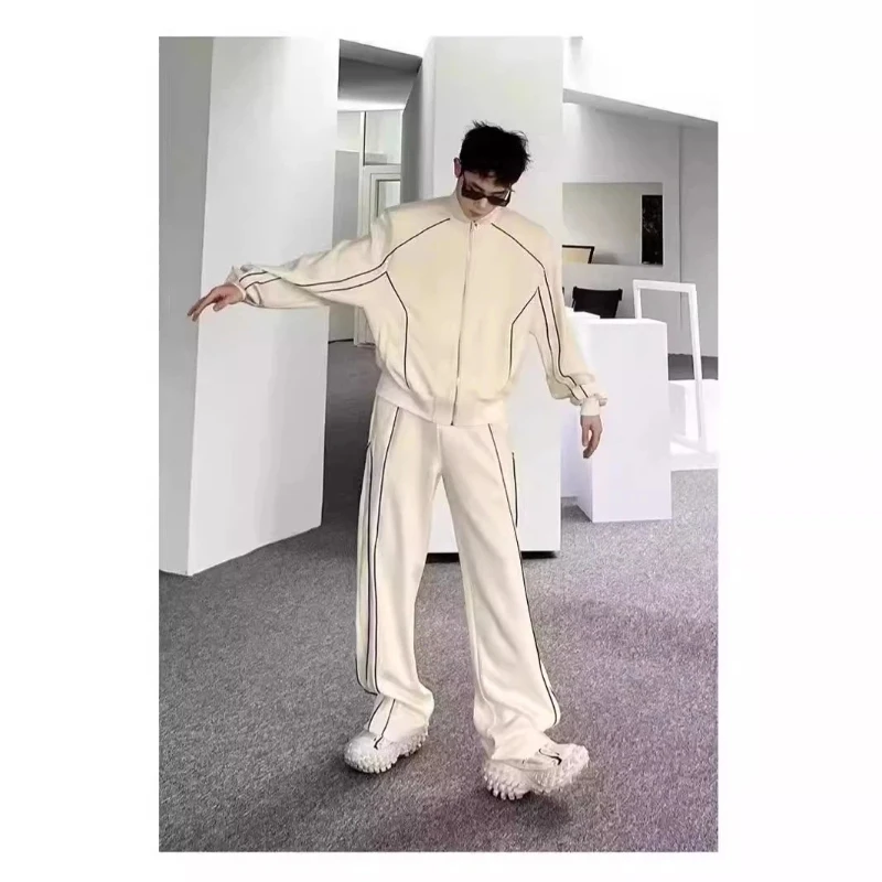 

New trendy men's suit - high-quality long-sleeved coat, wide-leg pants - two-piece set for casual striped fashionable sportswear