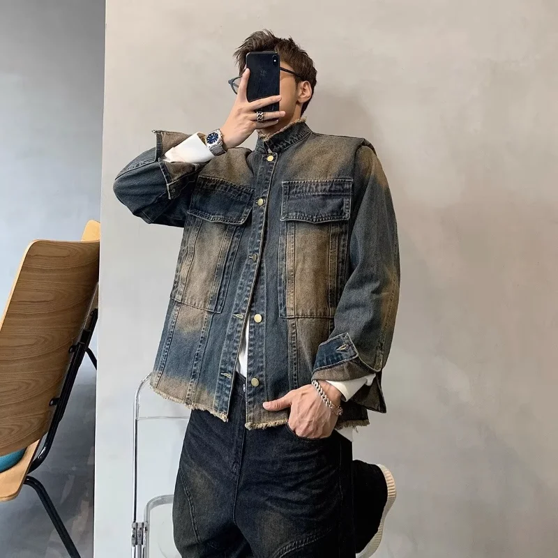 Prowow Retro denim jacket men's autumn new design sense loose casual jacket top trend