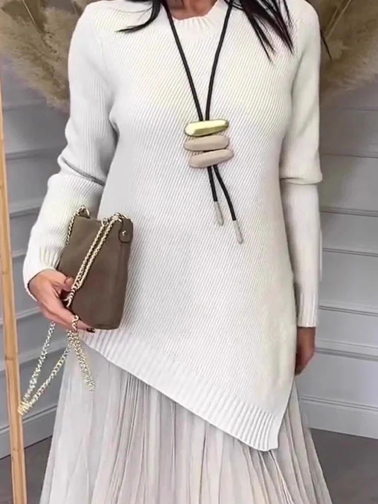 

2026 Women's Elegant Knit Loose 2Pc Sets Fashion O-neck Long Sleeve Top + Skirt Suit Sexy Mesh Splicing Solid Long Skirt Outfits