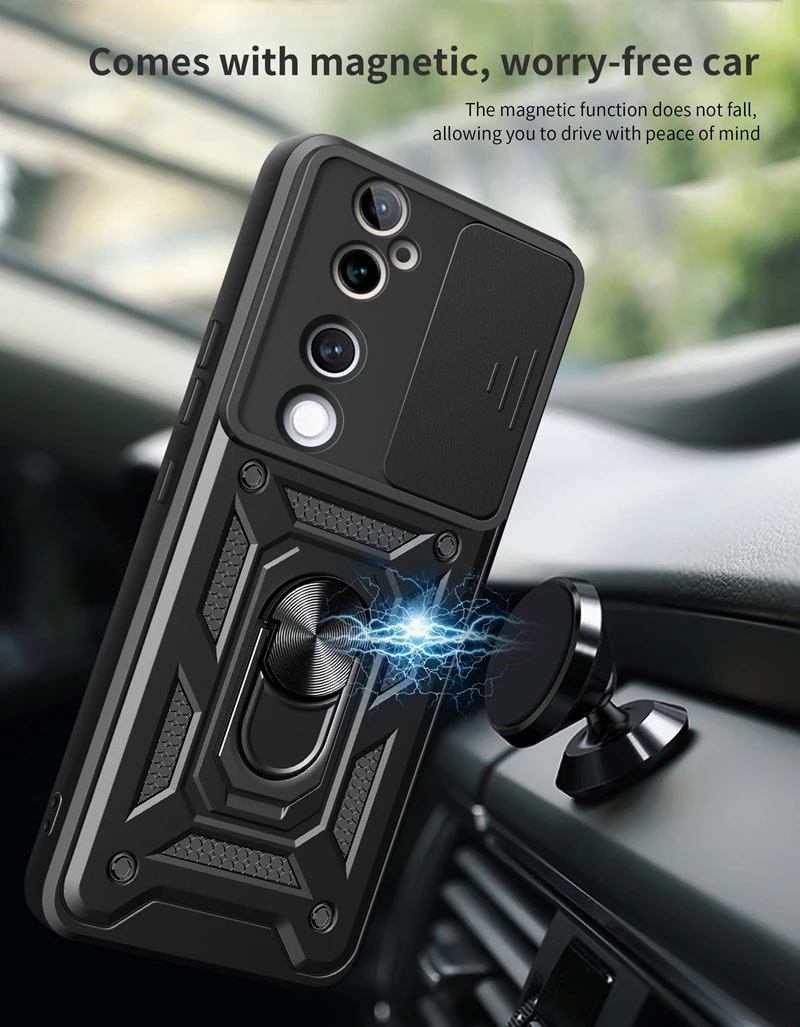 Slide Camera Protect Cover For Vivo V40 Pro V 40 Magnetic RIng Holder Shockproof Armor Phone Case For V40Pro 5G