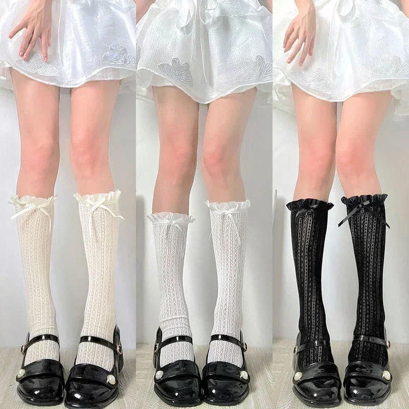 Y2K Japanese Women Stockings Ruffle Long Socks Lolita Boeknot White Lace Knee High Sock Sweet Girls Bow Thigh High Stocking