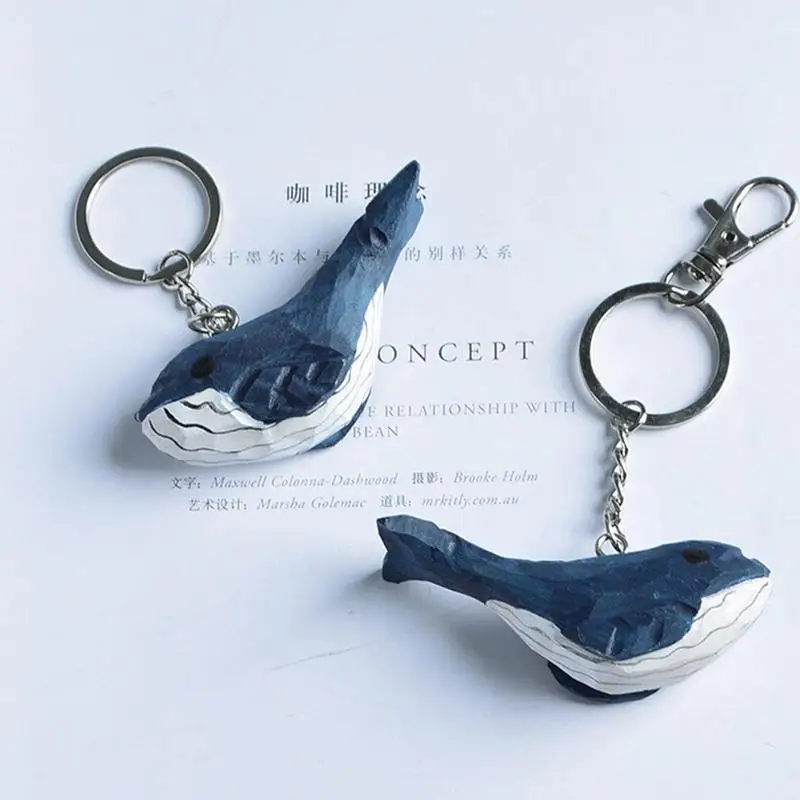 Whale Wooden Carving Pendant Key Chain Hand Carved DIY Car Bag Keyring Personality Key Chains Portable Handicraft  Gift