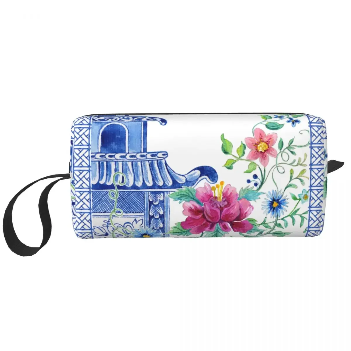 Blue Asian Vintage Style Chinoiserie Floral Pagoda Cosmetic Bag Antique Delft Willow Makeup Case Beauty Storage Toiletry Bags