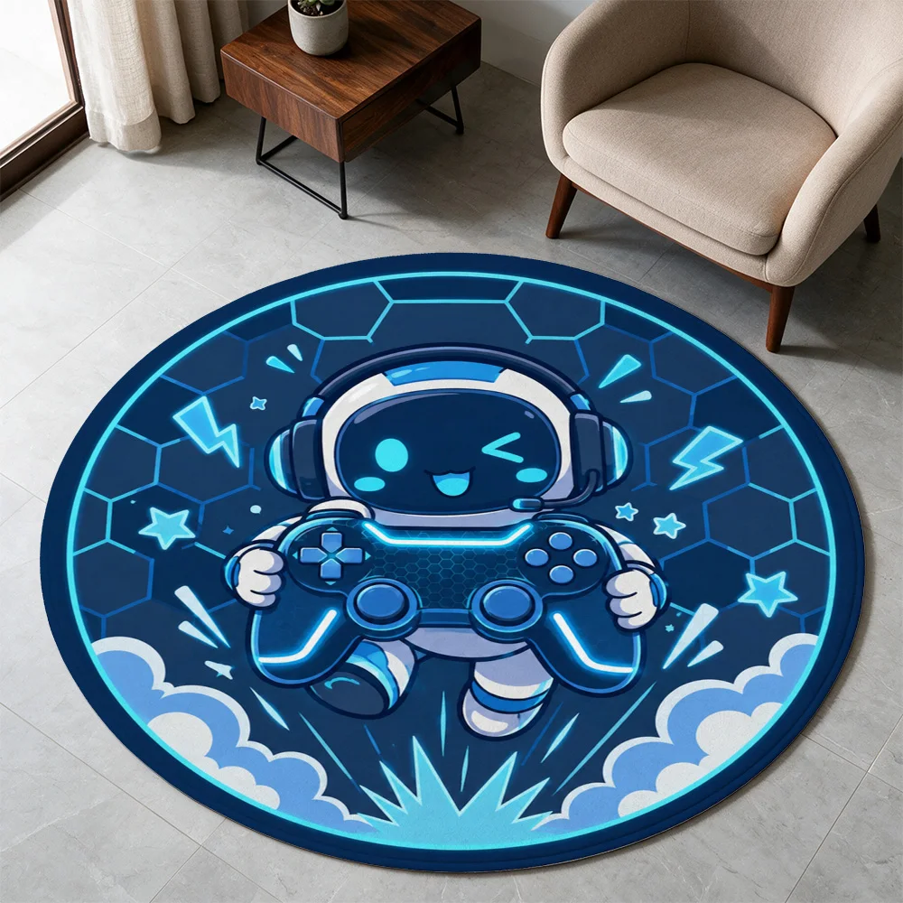 Cute Gaming Controller Round Floor Mat for Kids Playroom Area Rug Blue Neon Style Gaming Mat