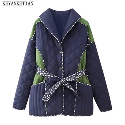 KEYANKETIAN Winter New Women's Contrast Color Quilted Jacket Coat National Retro With Belt Pockets Quilting Parkas Outerwear Top