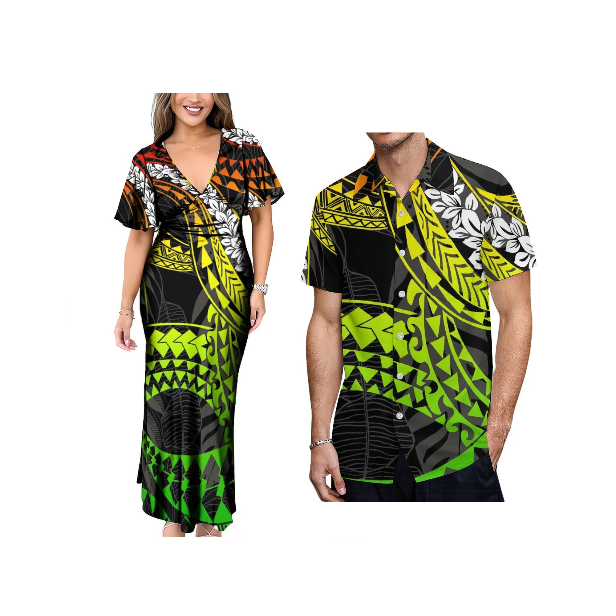 Grande taille dos cou cravate Sexy longue robe personnalisée polynésienne Tribal dames robe de soirée Match Aloha hommes chemise décontractée Couple vêtements