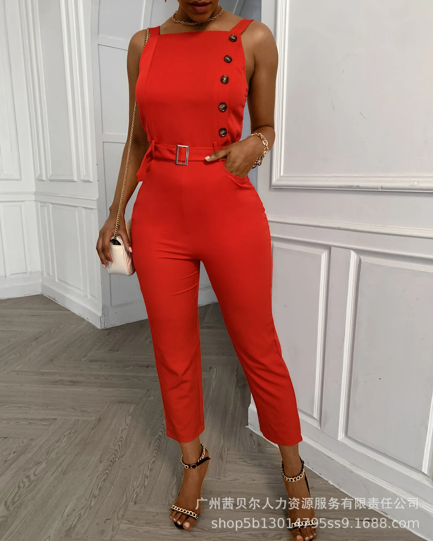 Fashion Casual Sleeveless High Waist Solid Jumpsuit for Women