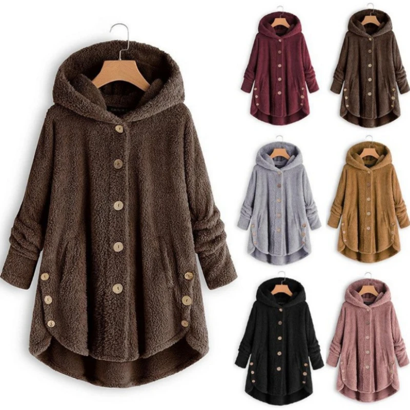 

2022 Winter New Fashion Women's European and American Button Plush Coat Irregular Tide Brand Solid Color Coat