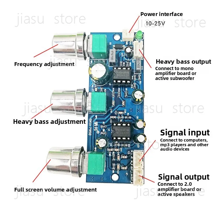 NE5532 2.1 Channel Audio Preamp Board, Low Pass Filter Bass Tone Module, DC 10 24V Single Power Supply
