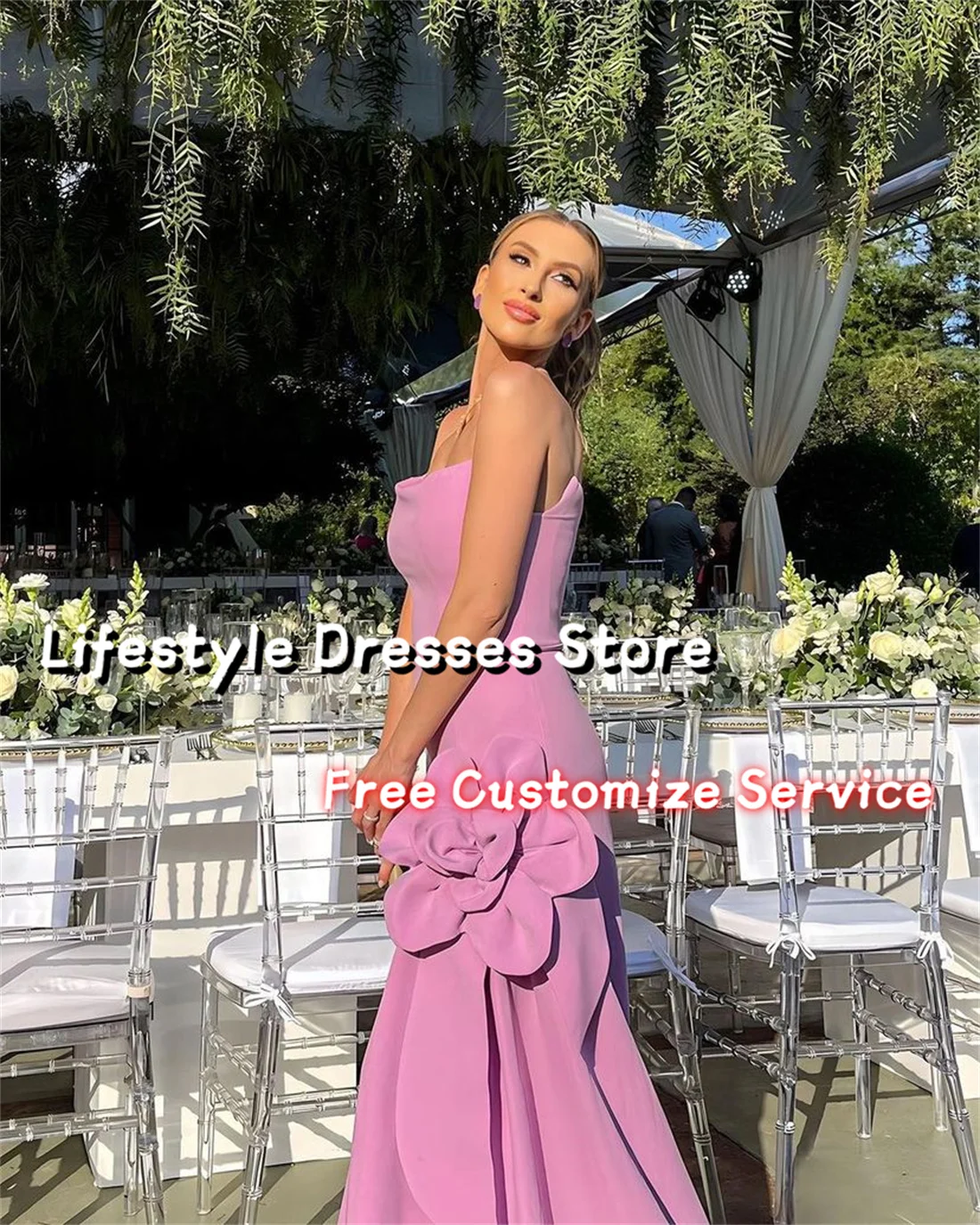 Customized Mermaid Handmade Flower Prom Dress Floor-Length Evening Gown Sleeveless Elegant Women Wedding Party Dress 2024