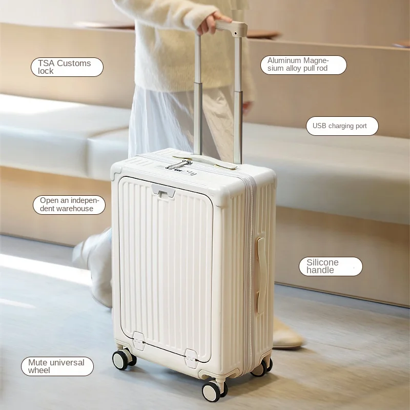 Multi-Function Travel Suitcase Trolley Case USB Charging Port With Folding Cup Holder Business Boarding Bag Rolling Luggage