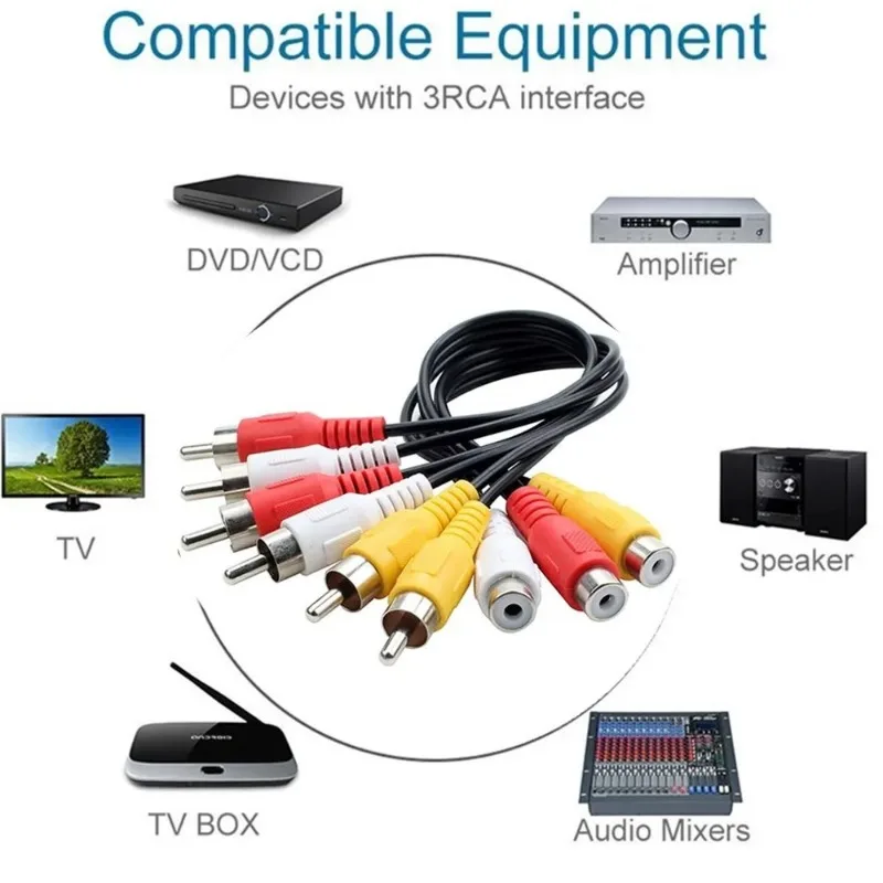 Audio Video AV Adapter Cable for TV DVD Player Splitter HD-TV RCA 3 to 6 Male Female Plug