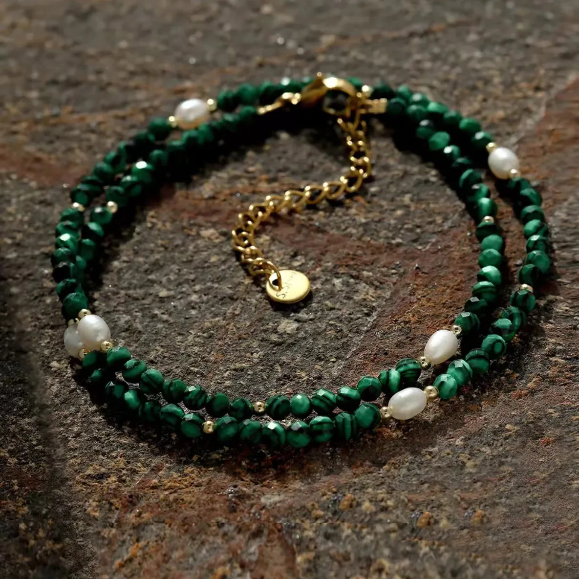 Fashion Summer Jewelry malachite Beads Chain  Natural Pearl Adorned Titanium steel accessories Chain necklace collarbone gift