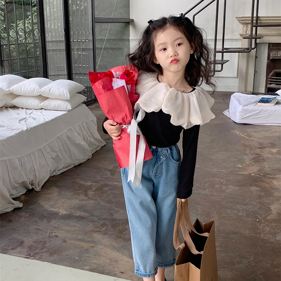 

Long Sleeved T-shirt Spring and Autumn New Childrens Fashion Lace Collar All-match Bottom Shirt Kids Clothes