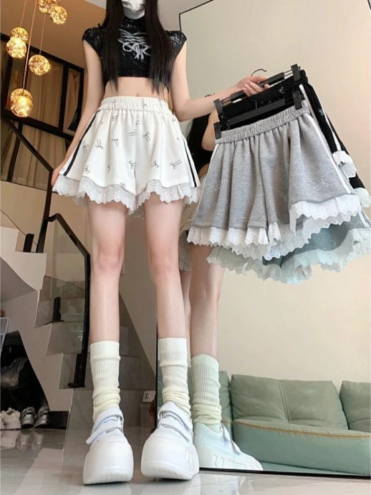 Y2k Lace Patchwork Bow Casual Shorts for Women Summer Elastic Waist Short Pants 2025 New Loose Straight Wide Leg Shorts