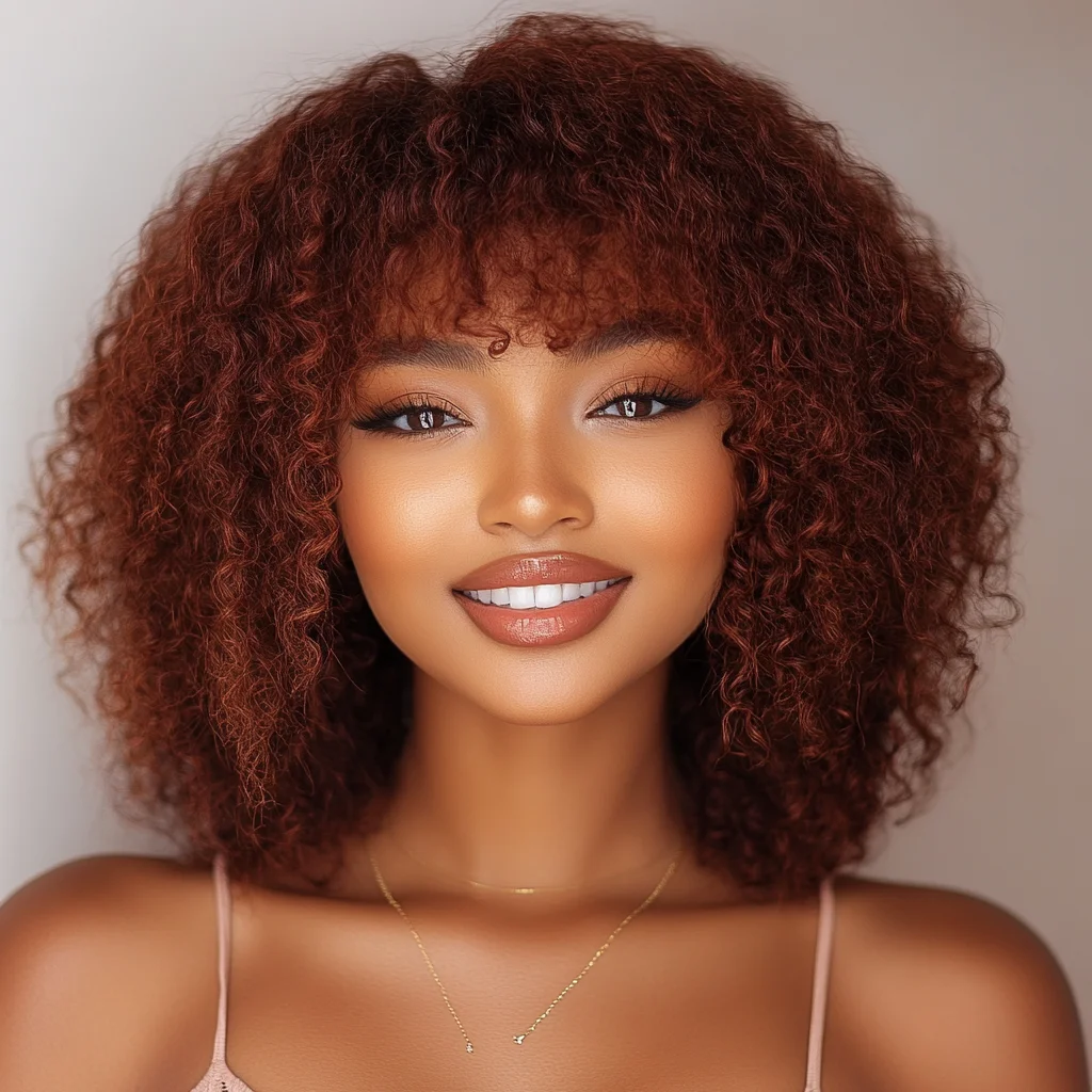 

Lekker Reddish Brown Short Afro Kinky Curly Bob With Bangs 100% Human Hair Wigs For Women Brazilian Remy Hair Colored 250% Wigs