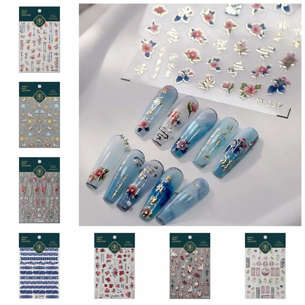 Flowers Chinese Nail Stickers Phoenix Blue and White Porcelain Patterns Chinese Nail Decals Manicure Ornaments Hot Stamping