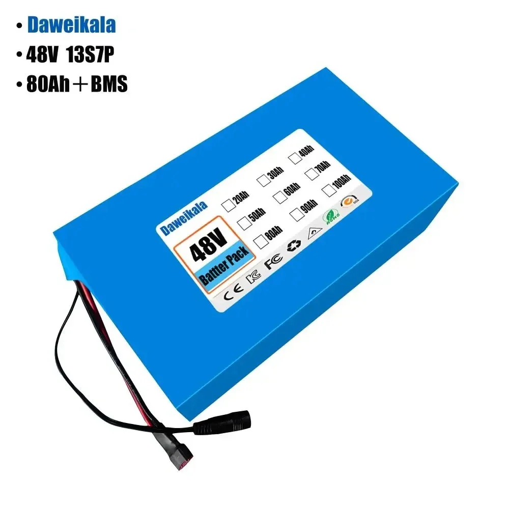 New 48V 90Ah XT60 13S7P lithium-ion battery pack 48V 90000mAh 2000W electric battery, built-in 60A BMS