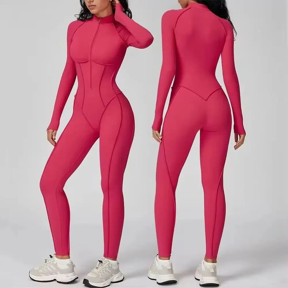 Women Yoga Jumpsuit Long Sleeve Half Zip Stand Collar Slim Fit Sportswear Gym Fitness Bodysuit Waist Trainer Hip Lift Pilates