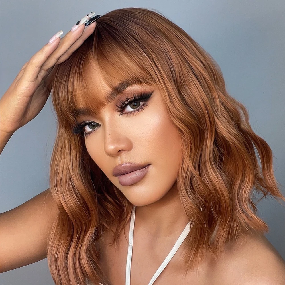 HENRY MARGU Red Copper Ginger Synthetic Wigs with Bangs Medium Water Wave Natural Bob Daily Hair Wigs for Women Heat Resistant