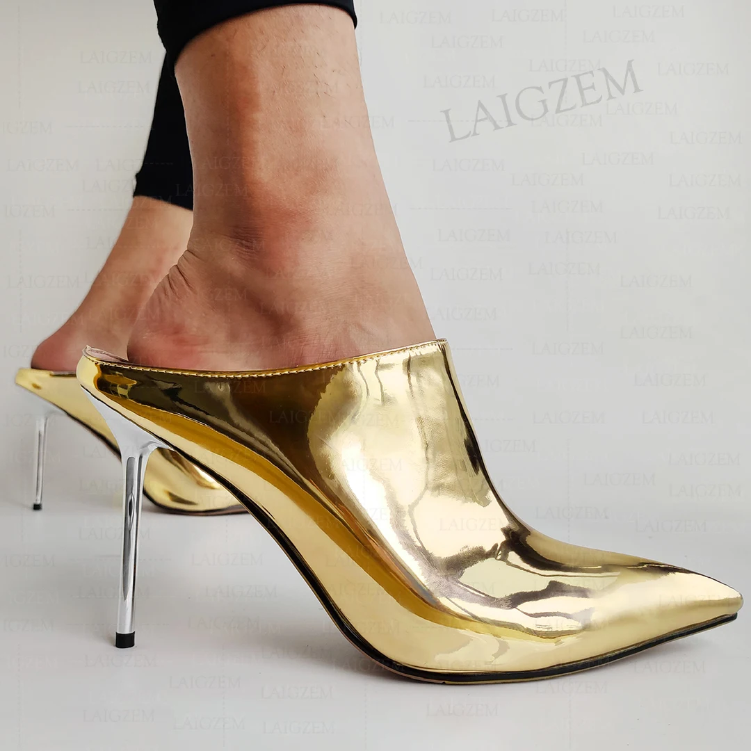 LAIGZEM Women Slides Slip on Silver 9.5CM Stiletto Heels Mules Party Sandalia Zapatos Shoes Woman Ladies Large Size 33 41 44 46