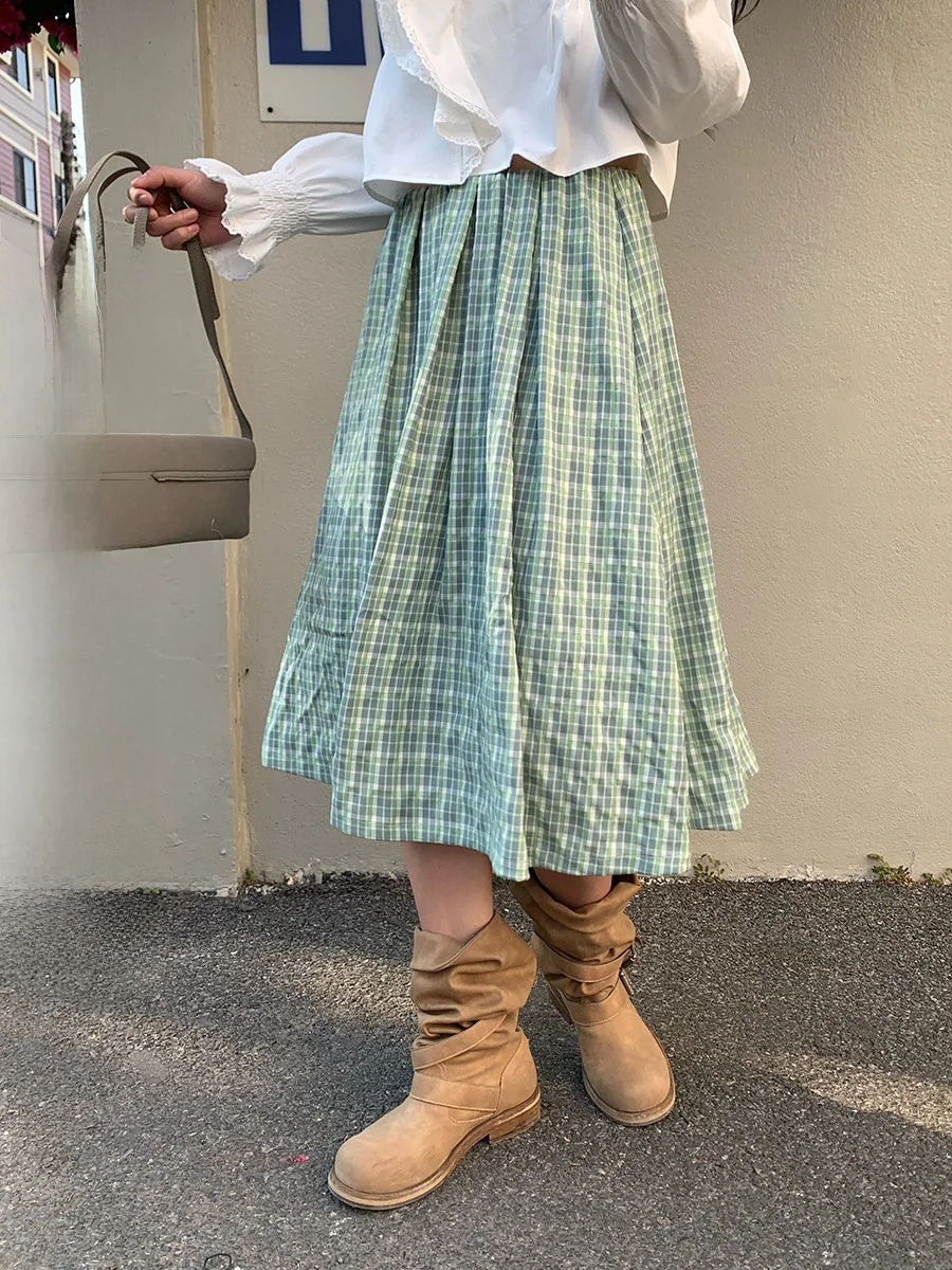 

Sinbounboun Artistic Loose Waist Midi Skirt A-Line Half-length Checkered Color Block Cotton Polyester Spring Ladies Skirt