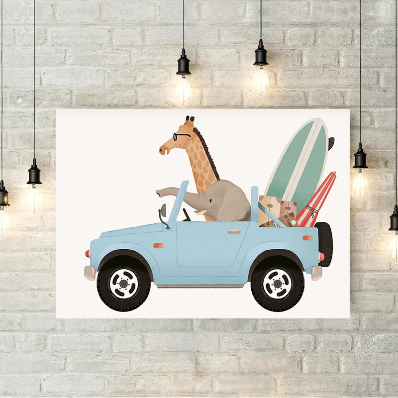 1pc frameless Canvas Painting Giraffe Elephant Bear Animal Car Travel Nursery Wall Art Canvas Painting Posters and Prints Wall P