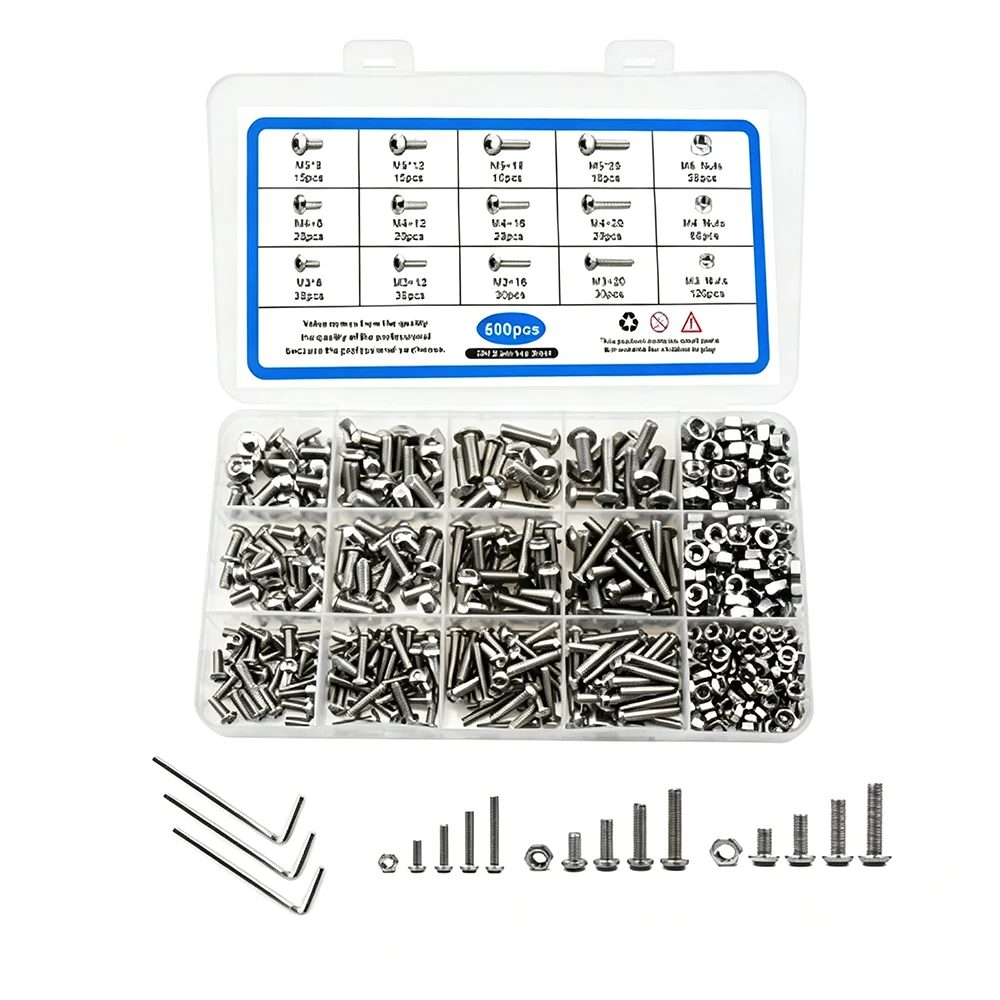 500pcs M3 M4 M5 Hex Socket Button Head Screw Bolts and Nut Set 304 Stainless Steel Allen Round Screw